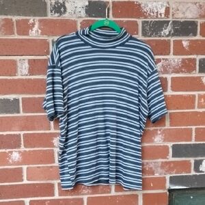 Striped Blue, Green, and White Mockneck Top